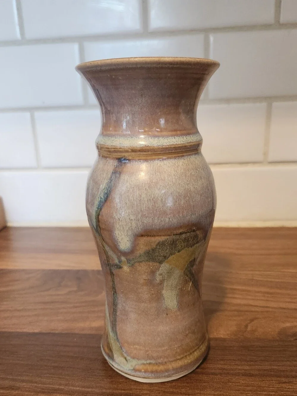Handcrafted Drip Glaze PotteryVase in Earthy Tan, Blue Green Glaze-Signed